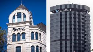 Carteles de Revolut y de Caixabank, en sendos edificios de la Diagonal