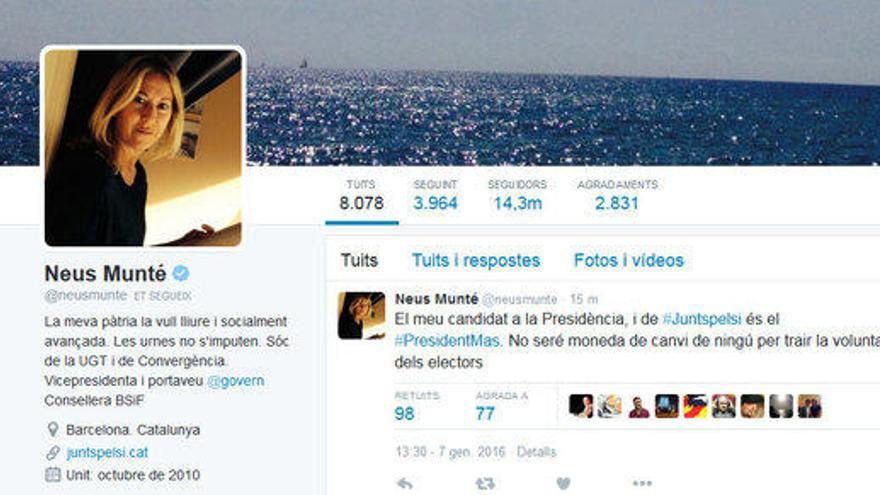 La piulada de Munté rebutjant la proposta de Súmate.