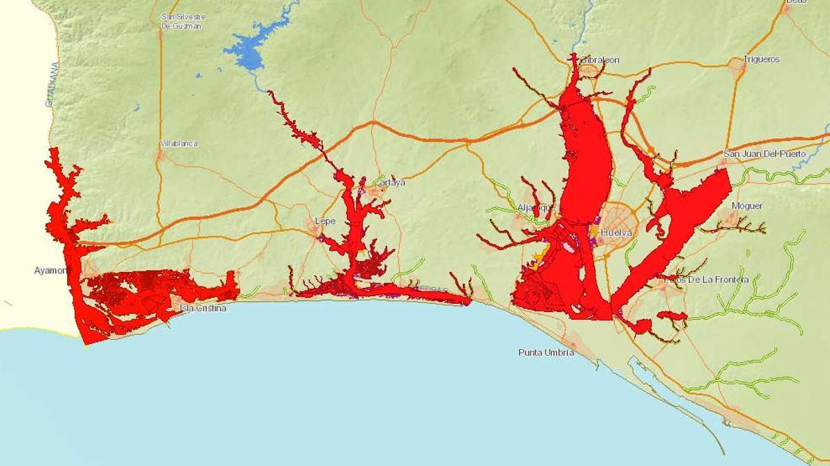 Zonas inundables en la provincia de Huelva con mayor riesgo en los próximos diez años, según el Sistema Nacional de Cartrografías Inundables.