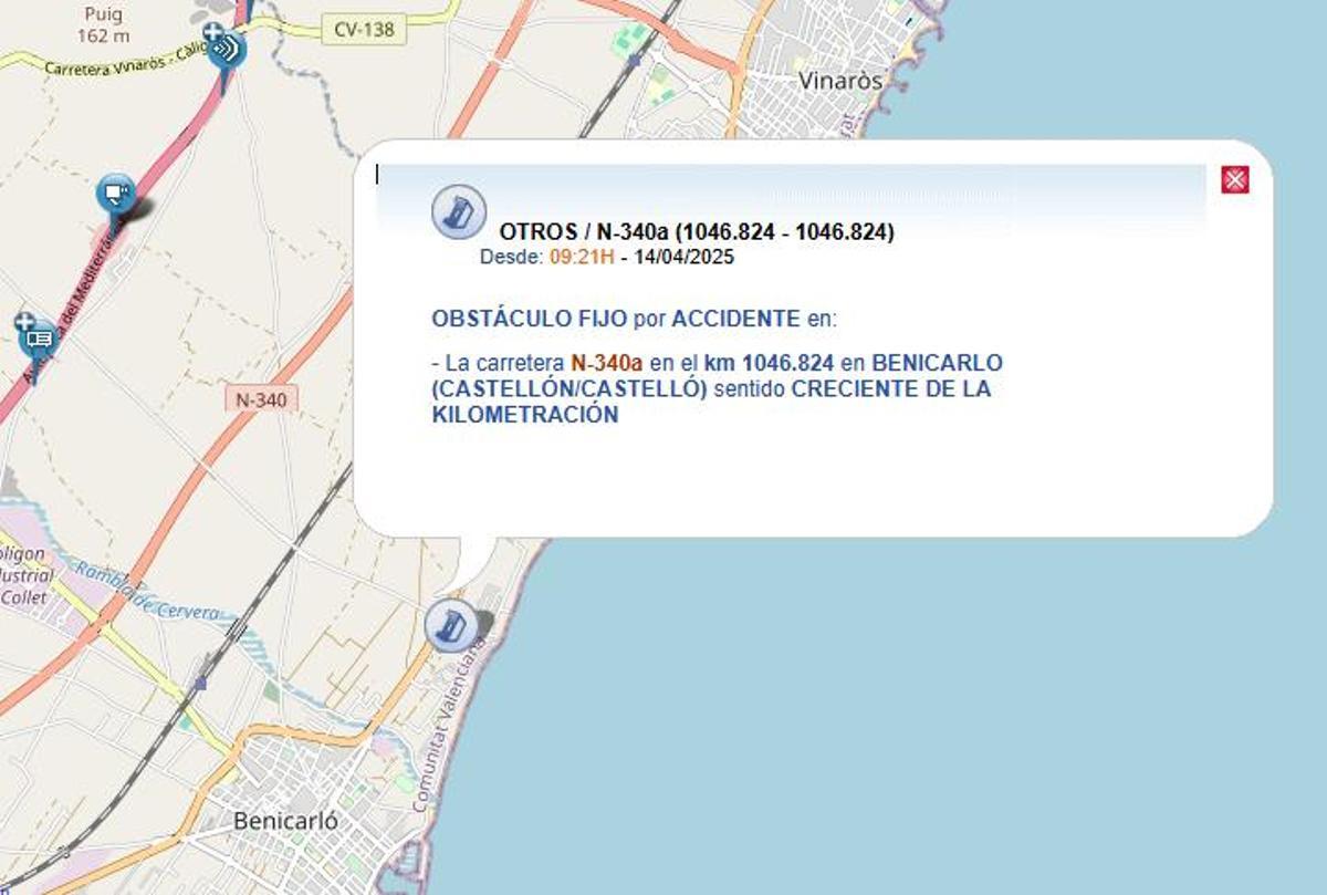 Aviso de la DGTdel accidente en la N-340 en Benicarló