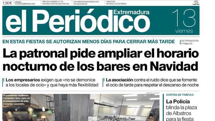 Esta es la portada de EL PERIÓDICO EXTREMADURA correspondiente al día 13 de diciembre del 2019