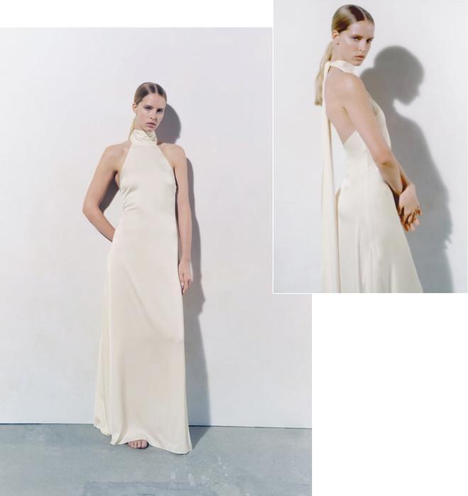 Vestido largo satinado de cuello halter, de Zara Novias