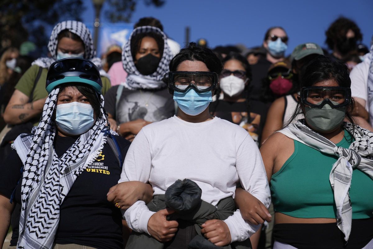 Demonstrators lock arms on the UCLA campus, after nighttime clashes between Pro-Israel and Pro-Palestinian groups, Wednesday, May 1, 2024, in Los Angeles. (AP Photo/Jae C. Hong)