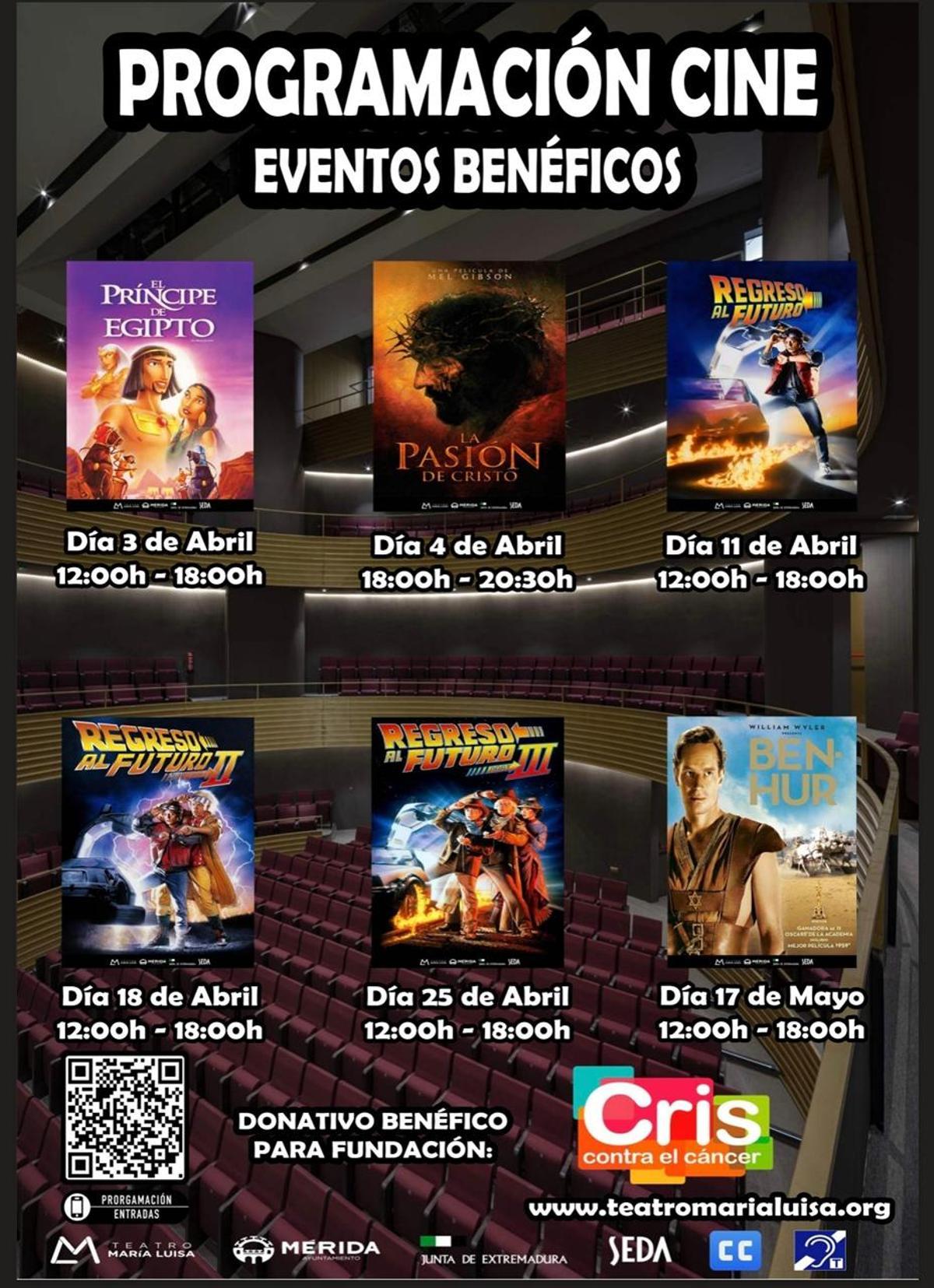 Cartel de la programación de cine benéfico del Teatro María Luisa de Mérida, con proyecciones solidarias a beneficio de la Fundación CRIS contra el Cáncer.