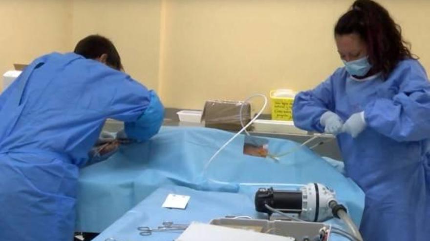 Integrantes del Cyborg preparan las arterias de un cuerpo inerte para que la sangre fluya en él.