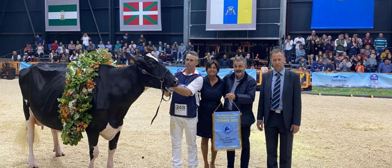 Por la derecha, el juez Zsolt Korösi; la directora general de Ganadería de Cantabria, Beatriz Fernández; el consejero de Medio Rural del Principado, Alejandro Calvo, y el ganadero Agapito Fernández, junto a la vaca ganadora del certamen. | Á. G.