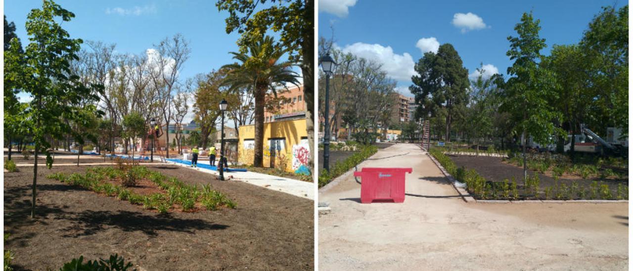 Espacio que ocupaba el zoológico con el arbolado de Viveros a la derecha. Obra delante del muro que separa el jardín del San Pío V.