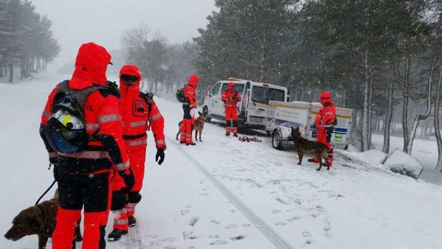 Efectivos del Grupo de Cans de Rescate, en Manzaneda.