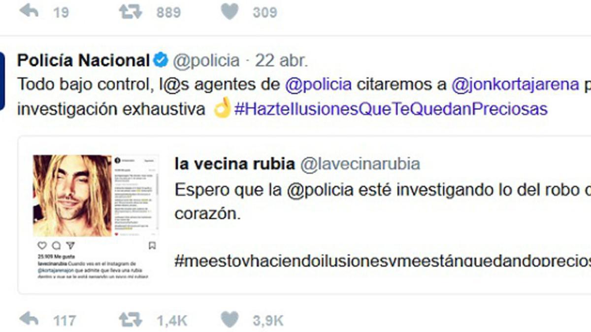 El tuit con el que la policía se involucra en el romance virtual de La vecina rubia y Jon Kortajarena.