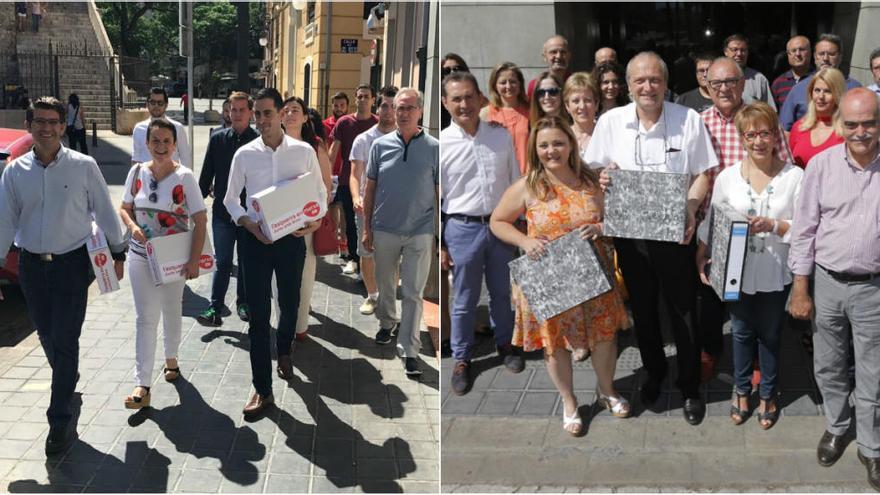 Los equipos de Ximo Puig (izquierda) y Rafa García, en Blanqueries con los avales.