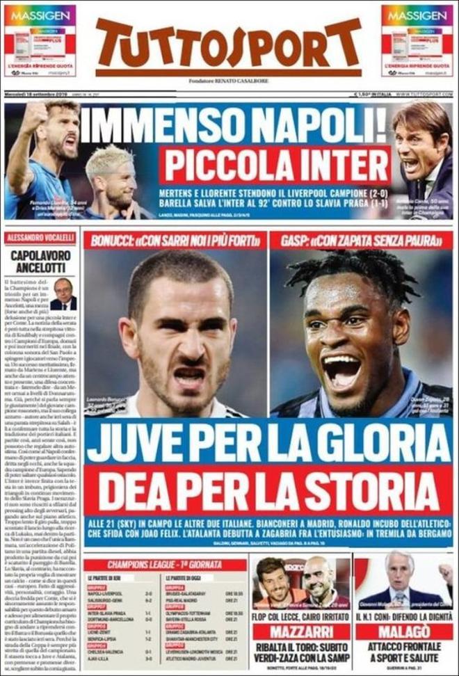 Portada de Tuttosport del 18 de septiembre de 2019