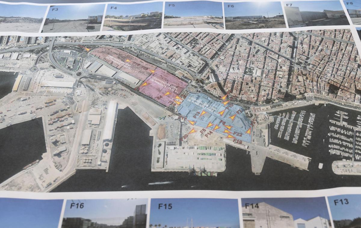Plano en el que se aprecian las tres fases de desarrollo de la zona portuaria sur de Alicante.