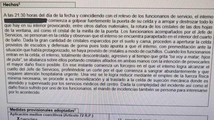 Relato contenido en el parte del ataque a un jefe de servicio en el Centro Penitenciario de Cuenca, el pasado 27 de octubre.