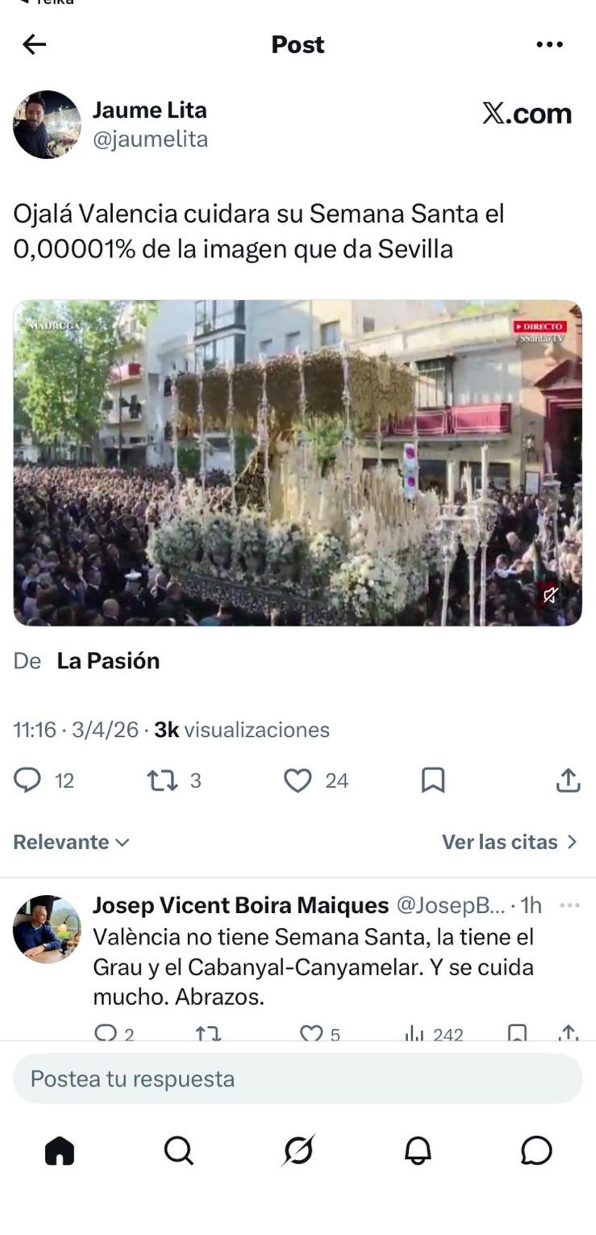 El post de Boira en X en respuesta a otro usuario.