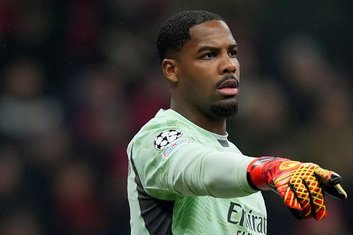 AC Milan's goalkeeper Mike Maignan during the Uefa Champions League soccer match between Ac Milan and Girona at the San Siro Stadium in Milan, north Italy - Wednesday , January 22, 2025. Sport - Soccer . (Photo by Spada/LaPresse)