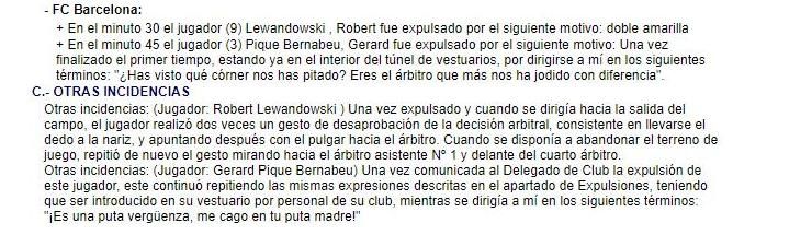 Part de l&#039;acta posterior al partit en què es detallen les accions de Piqué i Lewandowski