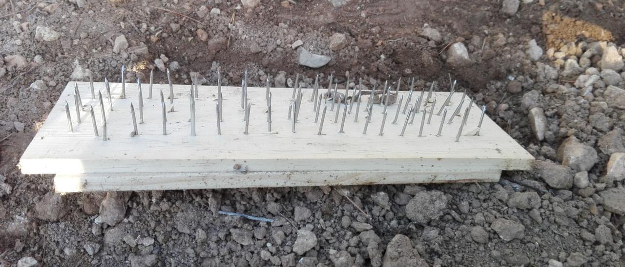 Imagen de una de las trampas para ciclistas, en este caso una tabla con clavos, que han encontrado recientemente en sendas forestales de Castellón.