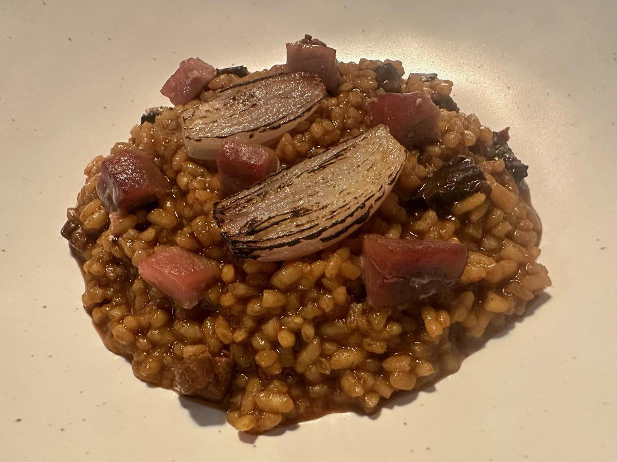 Arroz con lomo de atún, sangacho y cebolla.