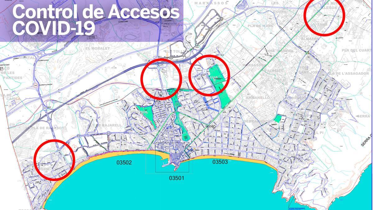 Plano de Benidorm con los puntos donde se instalarán los controles.