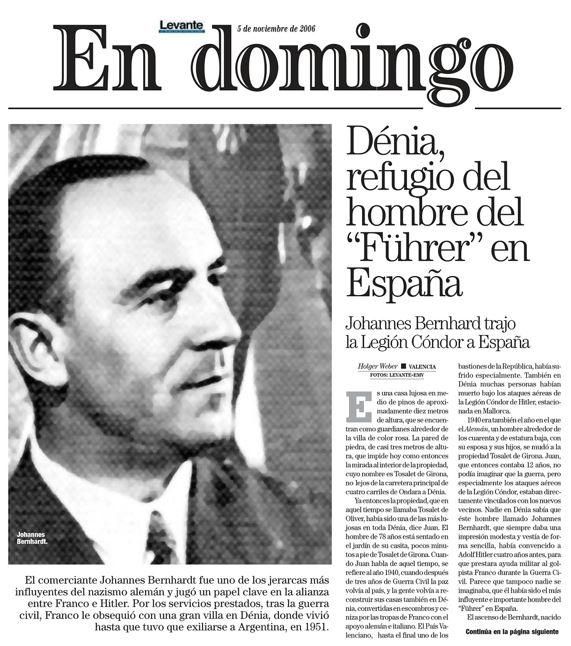 Un reportaje sobre Bernhardt publicado en noviembre de 2006 por Levante, del mismo grupo editorial que INFORMACIÓN