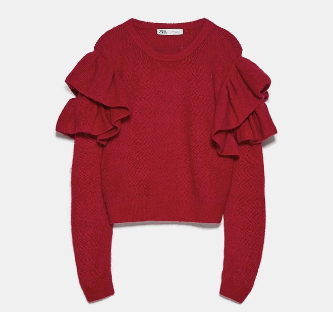 Jersey de lana rojo con volantes en las mangas