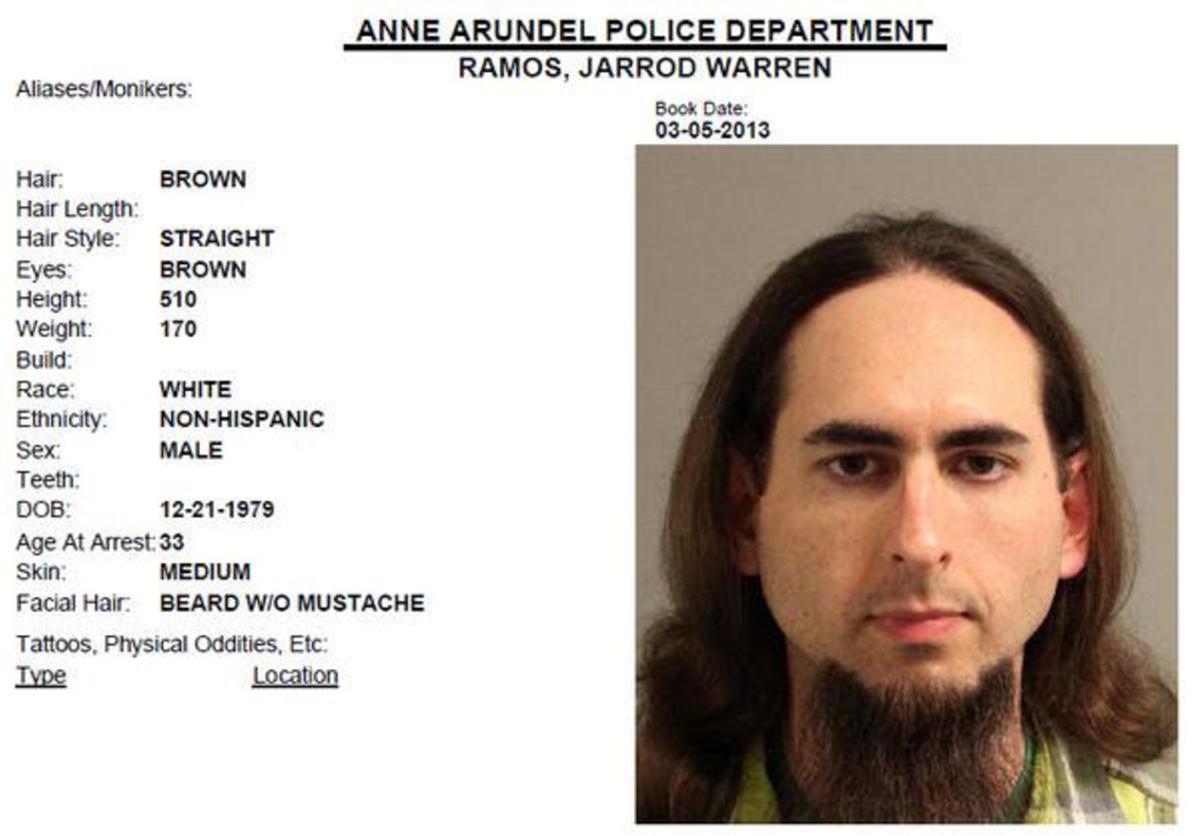 Jarrod Ramos, suspected of killing five people at the offices of the Capital Gazette newspaper office in Annapolis, Maryland, U.S., June 28, 2018 is seen in this 2013 Anne Arundel Police Department booking photo obtained from social media.   Social media via REUTERS  ATTENTION EDITORS - THIS IMAGE HAS BEEN SUPPLIED BY A THIRD PARTY.