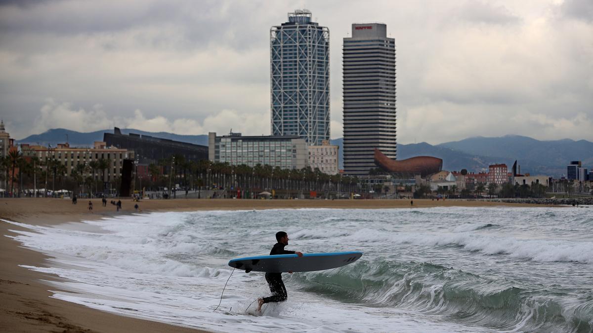 Un surfista entra en el mar a la altura de la Barceloneta, en Barcelona.
