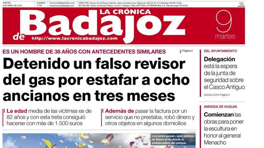 Esta es la portada de LA CRÓNICA DE BADAJOZ correspondiente al día 9 de abril del 2019