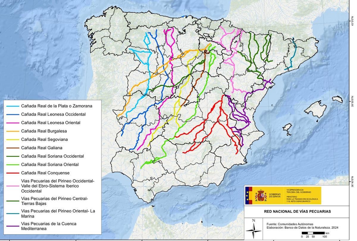 Mapa de la Red Nacional de Vías Pecuarias de España.