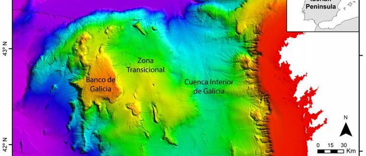 Mapa batimétrico del margen continental gallego. La Zona Transicional, donde se halló el Gran Burato, se encuentra entre el Banco de Galicia y la Cuenca Interior de Galicia.   | // FDV