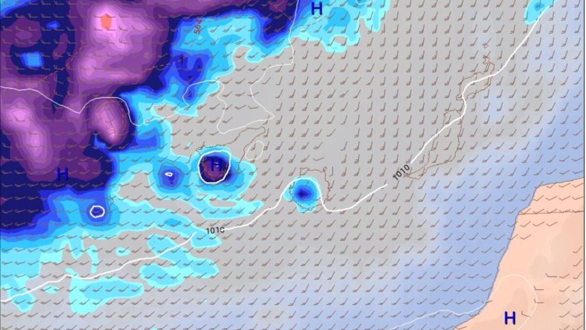 Mapa en el que se muestra la previsión del avance de la borrasca Claudia para este miércoles por Canarias