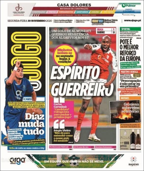 Portada O JOGO lunes 30 noviembre 2020