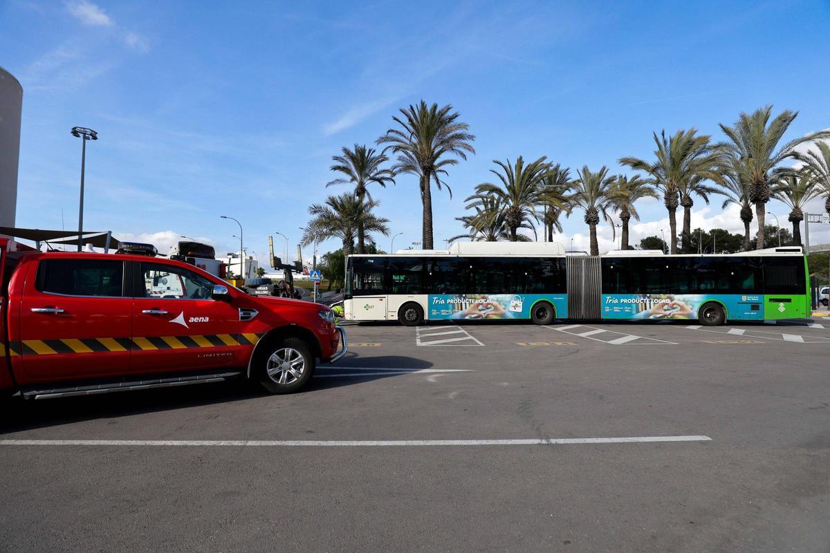 Una dotación de los bomberos junto al autobús averiado.