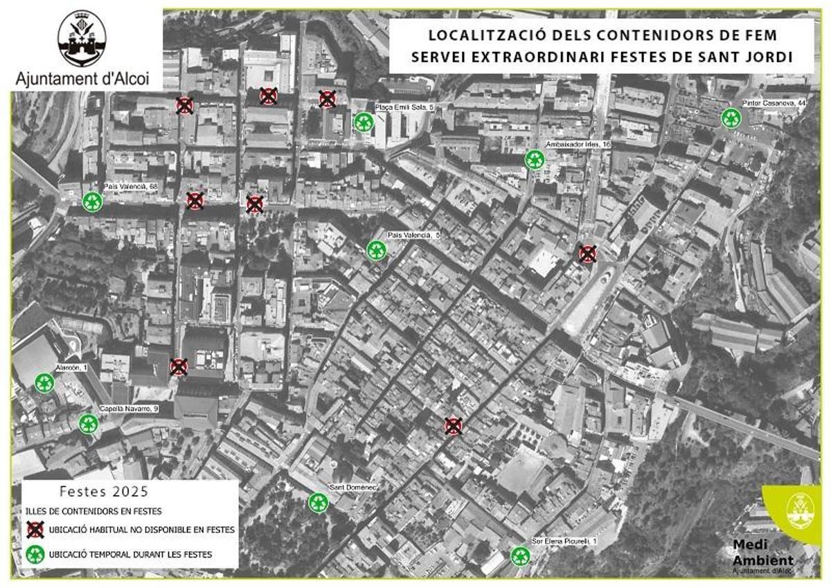 El mapa de la ubicación de los contenedores en fiestas de Alcoy.