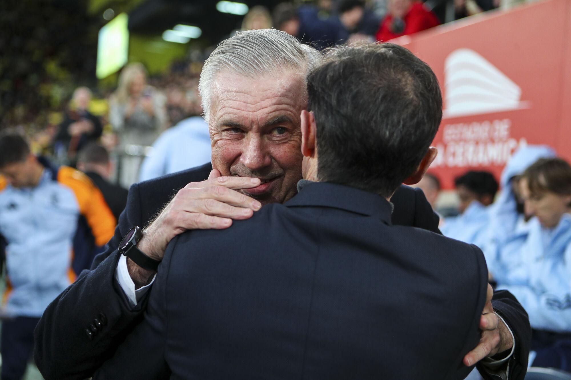 Marcelino Garcia, head coach of Villarreal CF, greets Carlo Ancelotti, head coach of Real Madrid, during the Spanish league, LaLiga EA Sports, football match played between Villarreal CF and Real Madrid CF at La Ceramica stadium on March 15, 2025, in Villarreal, Spain. AFP7 15/03/2025 ONLY FOR USE IN SPAIN. Ivan Terron / AFP7 / Europa Press;2025;SOCCER;SPORT;ZSOCCER;ZSPORT;Villarreal CF V Real Madrid CF - LaLiga EA Sport;
