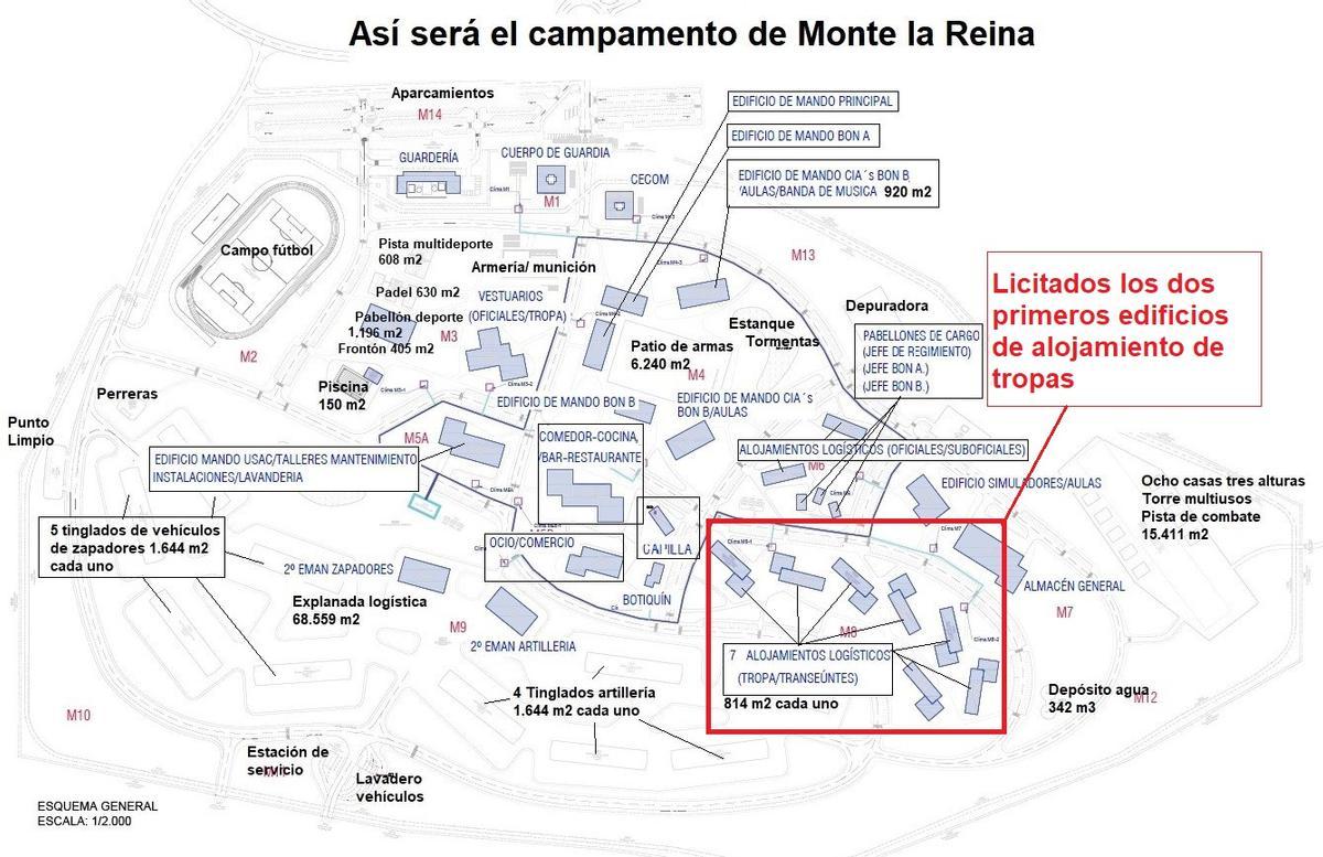 Situación de los edificios de alojamiento de tropas de Monte la Reina