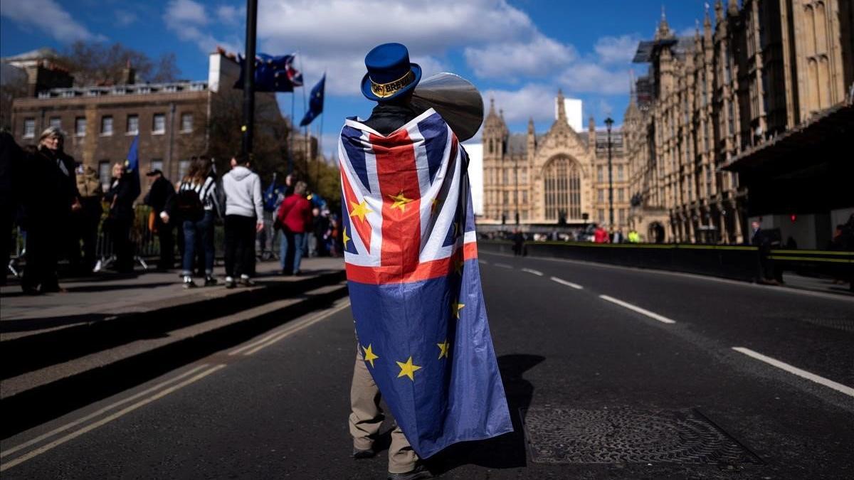 Un activistas pro Union Europea protesta a las puertas del Parlamento en Londres.
