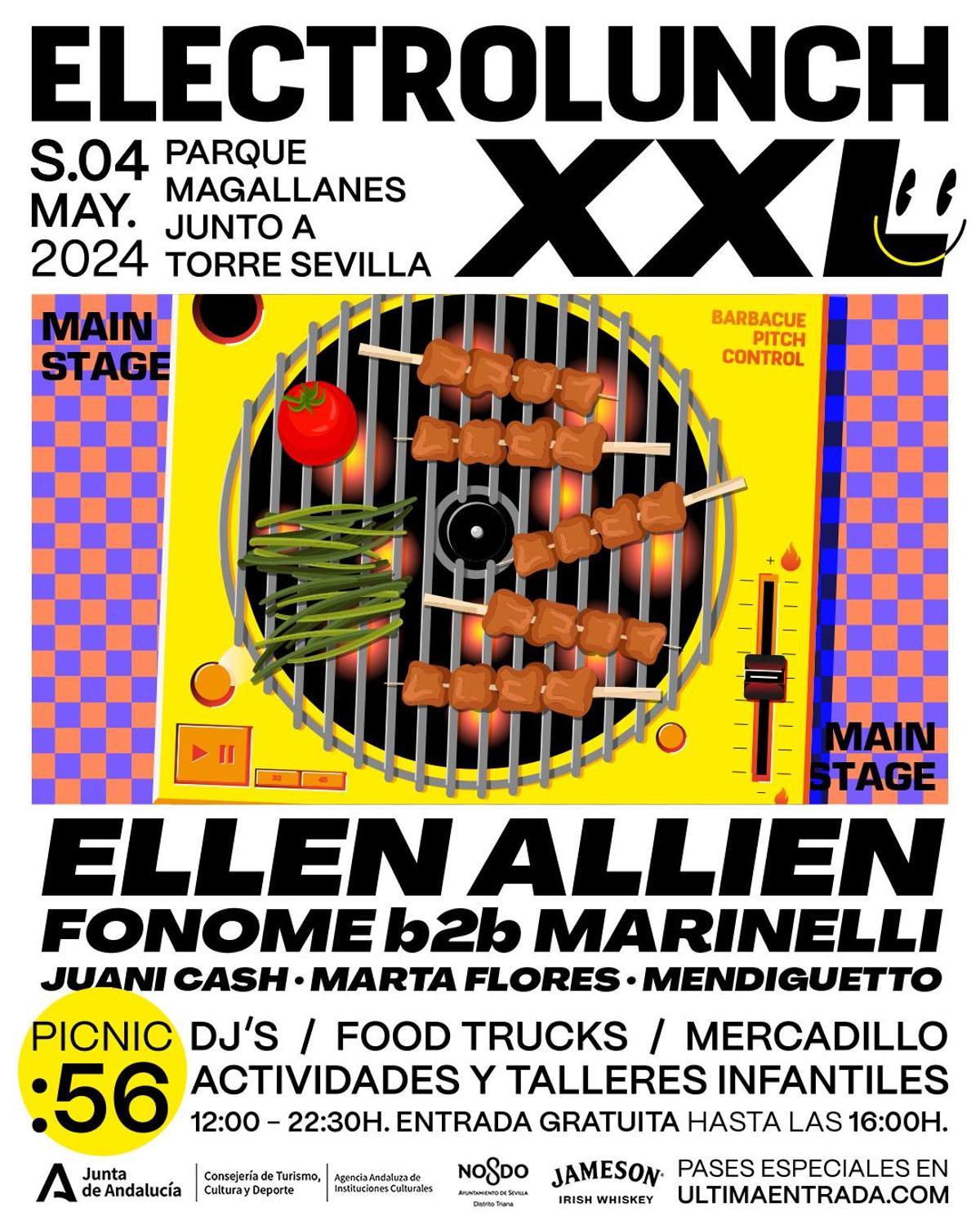 Cartel de la XI edición de Electrolunch XXL este 4 de mayo en el Parque Magallanes de Sevilla.