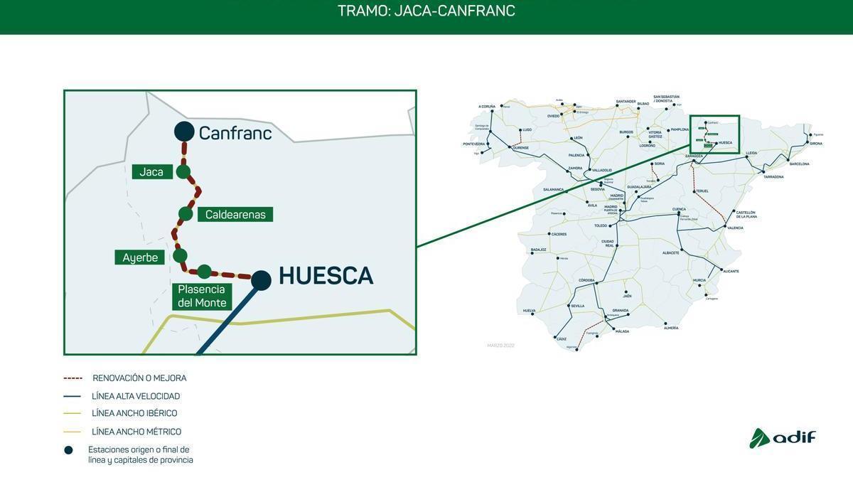 Plano que visualiza la licitación de Adif de la renovación integral del tramo Jaca-Canfranc.