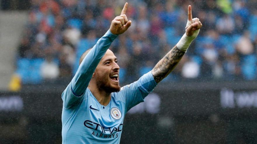 David Silva celebra un gol con el Manchester City esta temporada.