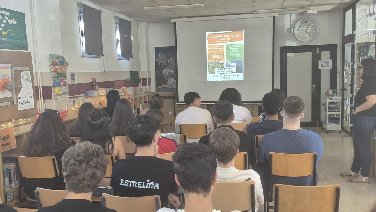 Charla sobre la oferta de FP impartida ayer en el IES Primeiro de Marzo al alumnado que ha finalizado la ESO.