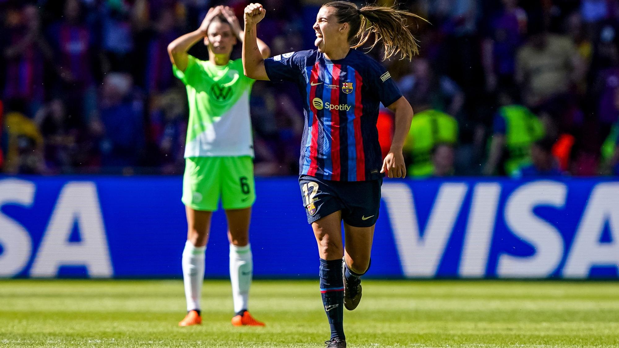 Patri Guijarro celebra su segundo gol al Wolsfburgo en la final de la Champions en Eindhoven.