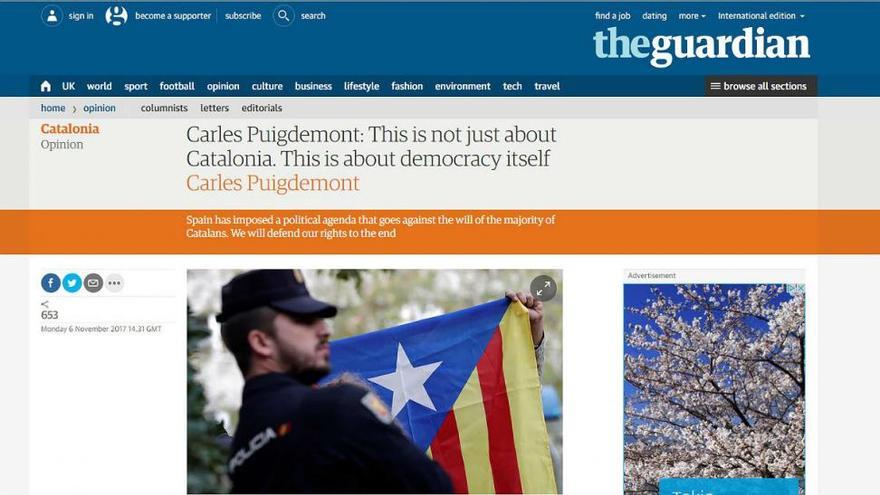 Puigdemont, en &#039;The Guardian&#039;: &quot;Defenderemos nuestros derechos hasta el final&quot;