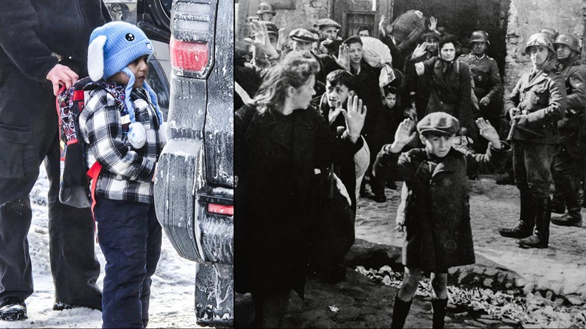 A la izquierda de la imagen, Liam Conejo Ramos, el niño de cinco años, retenido por la policía de inmigración y control de fronteras de Estados Unidos (ICE) en Minneapolis; a la derecha, el gueto de Varsovia en abril de1943.
