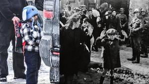 A la izquierda de la imagen, Liam Conejo Ramos, el niño de cinco años, retenido por la policía de inmigración y control de fronteras de Estados Unidos (ICE) en Minneapolis; a la derecha, el gueto de Varsovia en abril de1943.