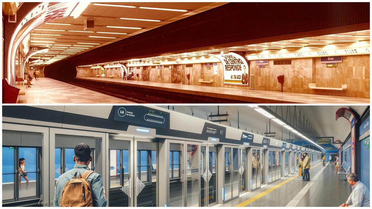 Arriba, andén de la estación de Elvas, hoy Opañel, en 1983. Abajo, recreación del andén de las estaciones de la L6 cuando tengan las puertas que se instalarán a lo largo de 2026.