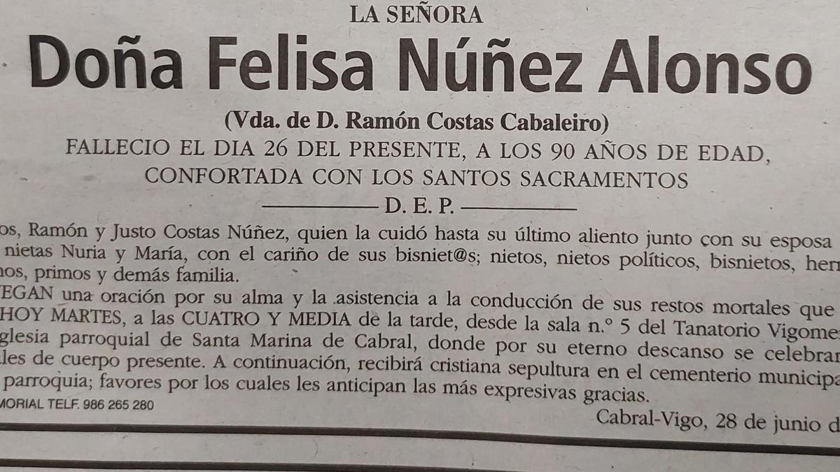 Esquela de Felisa Núñez Alonso publicada hoy en FARO DE VIGO.