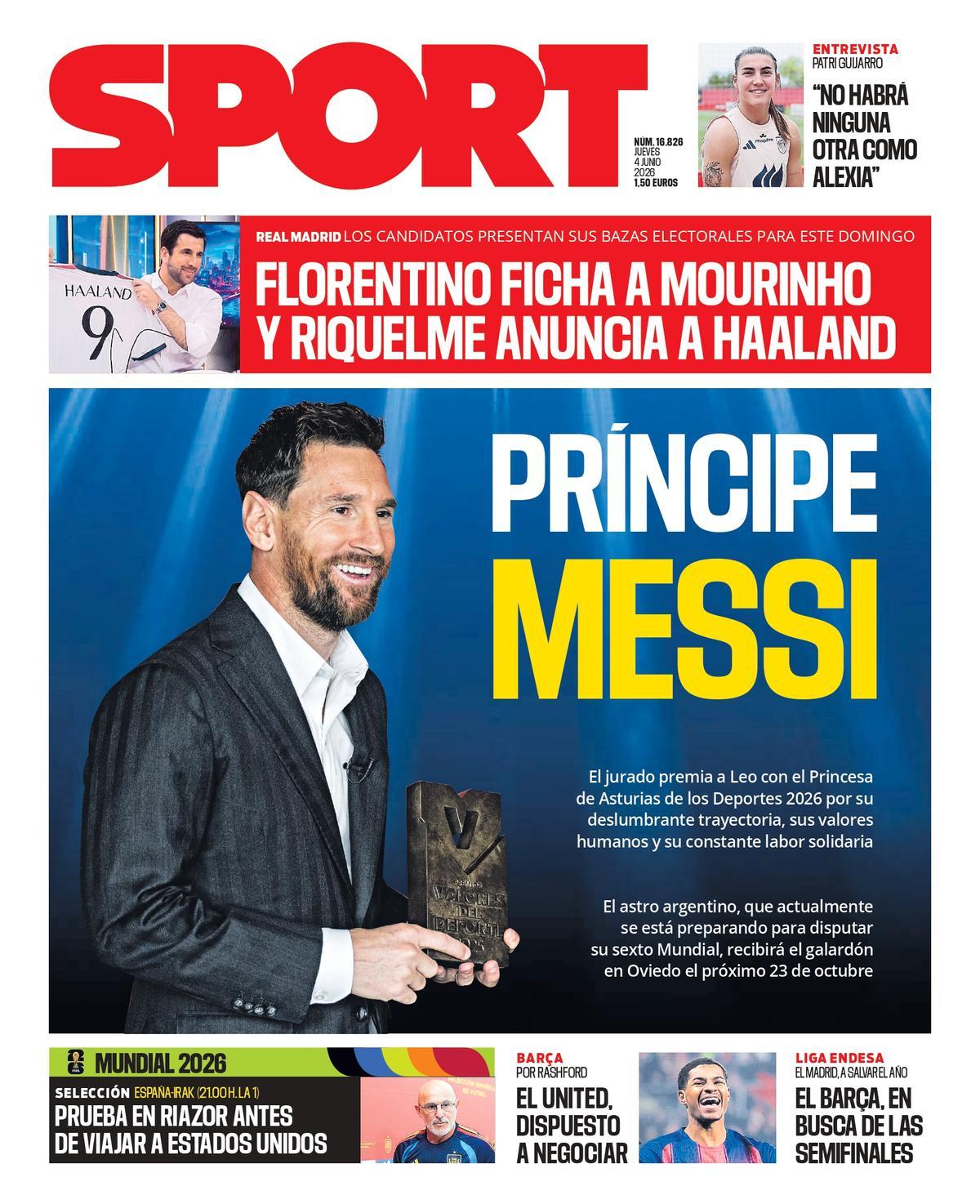 Esta es la portada de SPORT de hoy jueves, 4 de junio de 2026