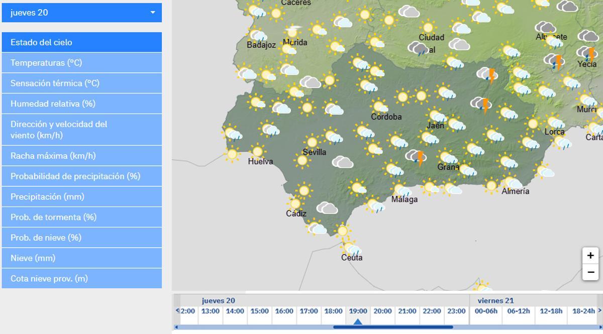 Mapa de la Aemet para este jueves a las 19 horas.
