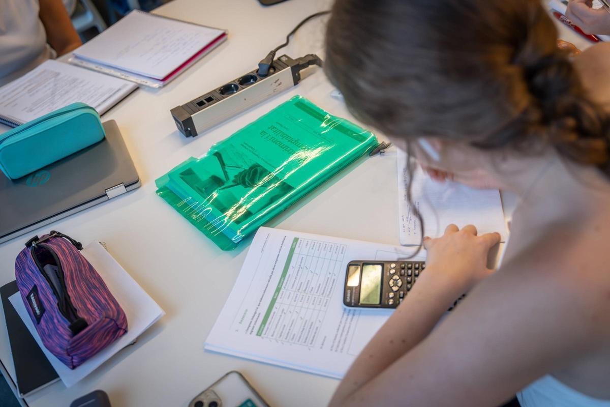 Una estudiante repasa sus apuntes para prepararse la selectividad, en Baercelona.